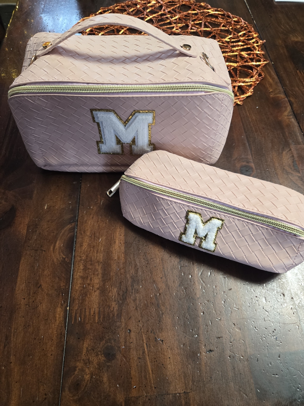 Monogrammed Pink Woven Cosmetic Bag Set